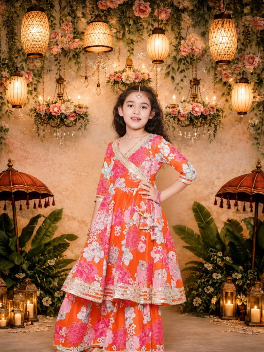 Girls Floral Orange & Pink Ethnic Dress with Gold Trim